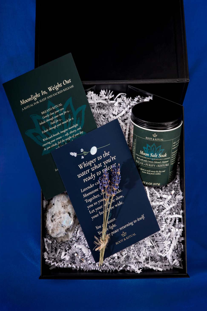 Root & Ritual Gallery – Moon Soak Salt Kit on Blue Background