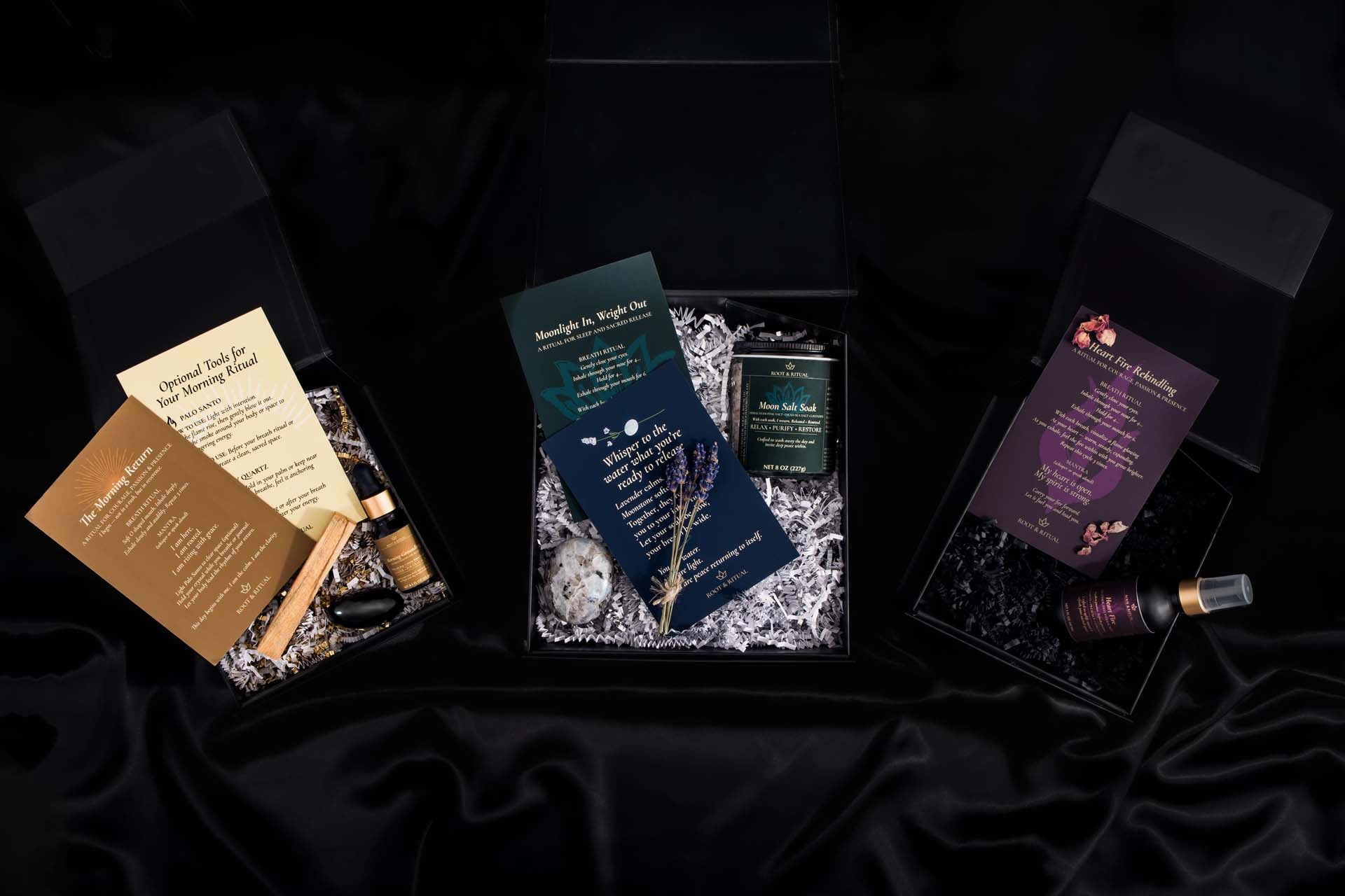 Root & Ritual Product Trio – Morning, Heart Fire, Moon with luxe packing