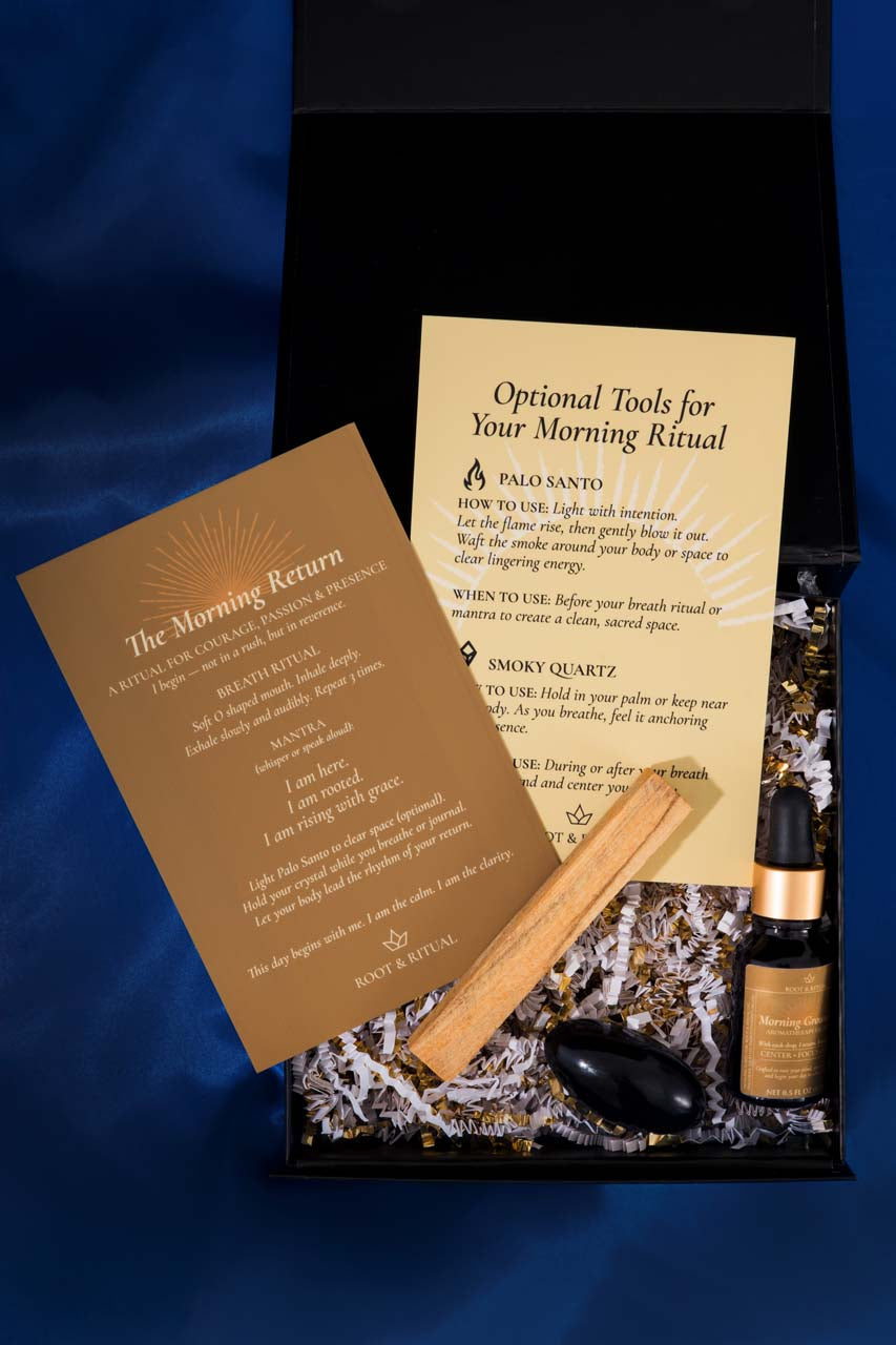 Root & Ritual Gallery – Morning Grounding Oil Kit on Blue Background