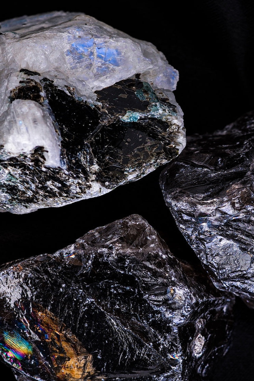 Root & Ritual Gallery – Moonstone and Smoky Quartz Macro